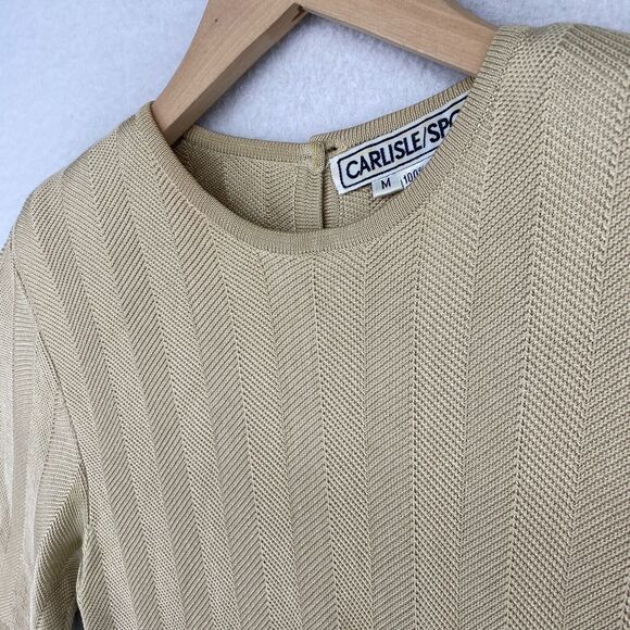 CARLISLE SPORT Sweater M Silk Herringbone Round Neck Short Sleeve Beige HK VTG - Picture 2 of 11